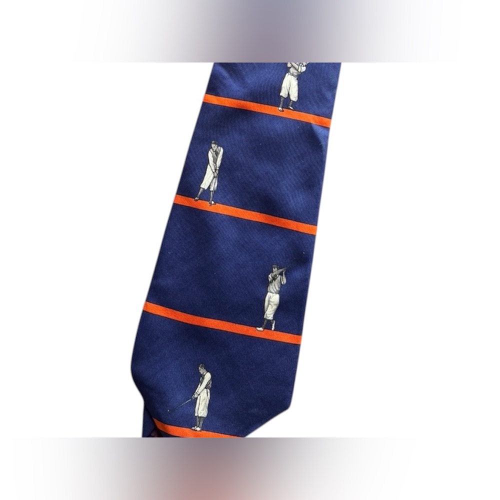 VINTAGE Polo by Ralph Lauren Navy Tie with Orange Stripes and Golfer Motifs